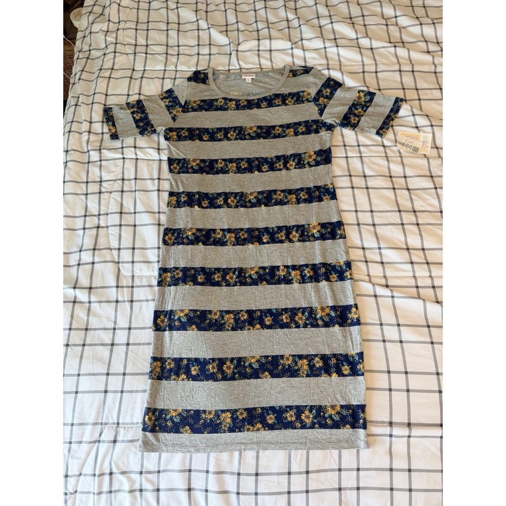 NWT Lularoe Dress XL Julia Multicolor Blue Background Floral Grey Wide Stripe